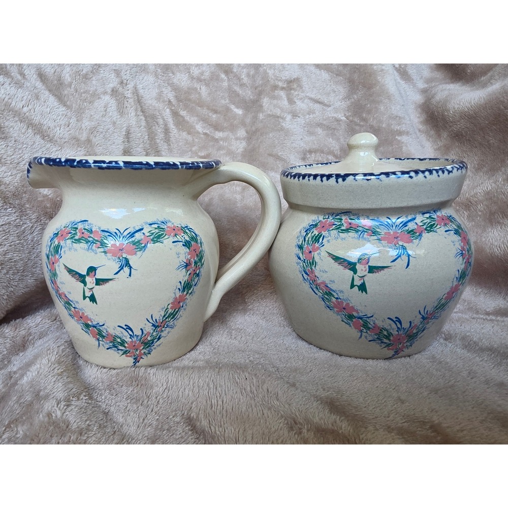 Home & Garden Party Stoneware Hummingbird Pitcher and Sugar Bowl Set 1998 1999